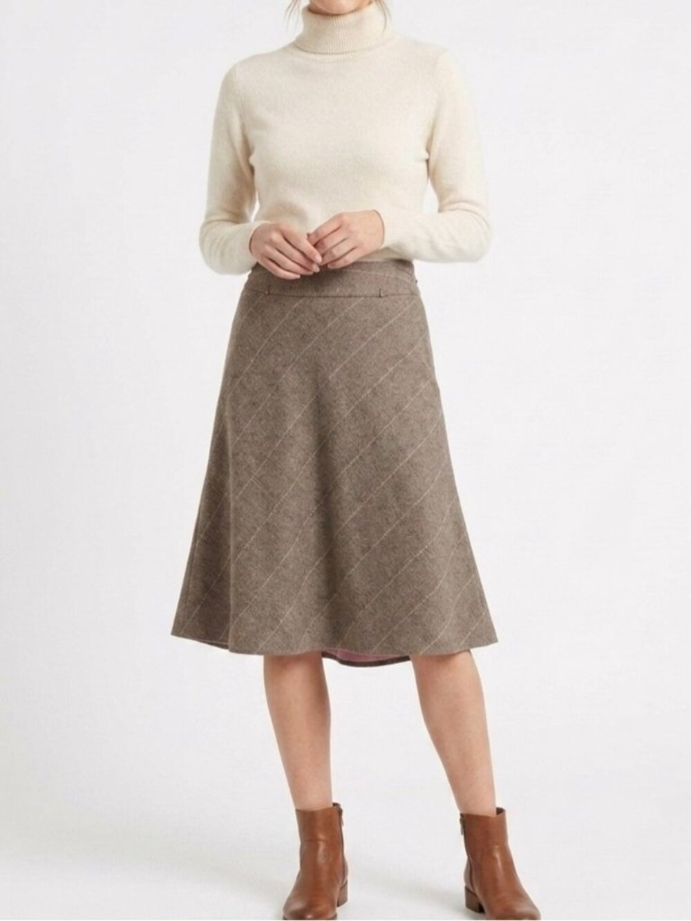 Monsoon Vintage Wool Blend A-Line Midi Skirt Brown Cream Windowpane Check Plaid - Picture 1 of 7
